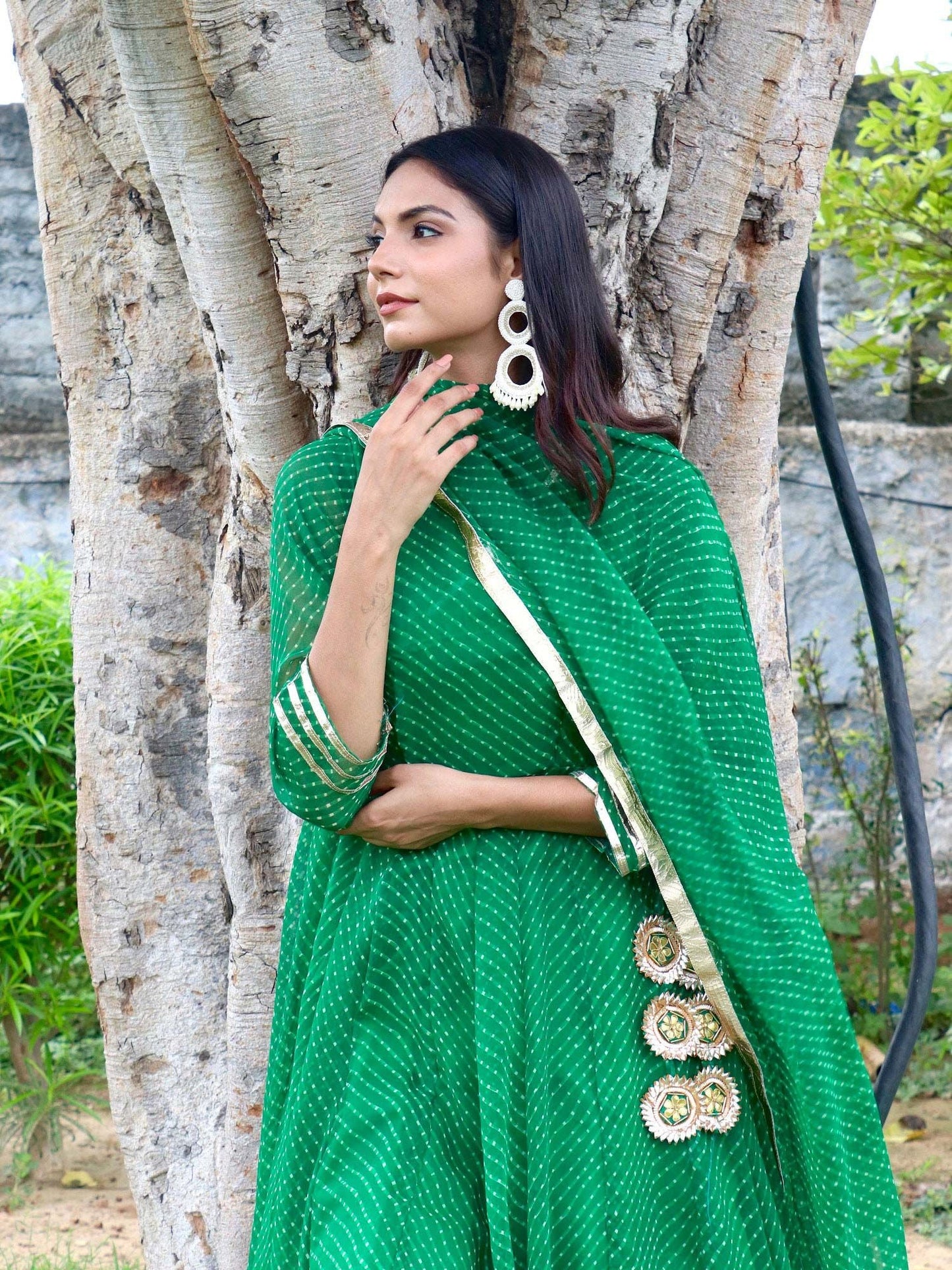ONEWE INDIA Rakhi Mothra Anarkali Set (Set of 3) - Green