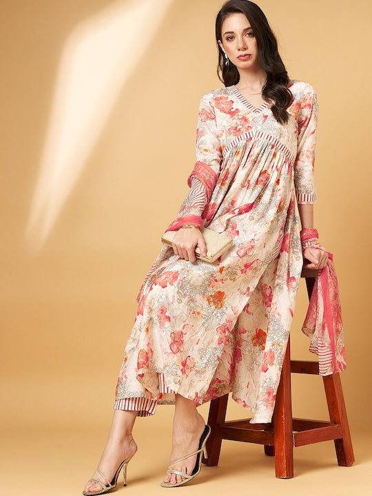 All about you Floral Embroidered V-Neck Straight Kurta With Trousers & Dupatta
