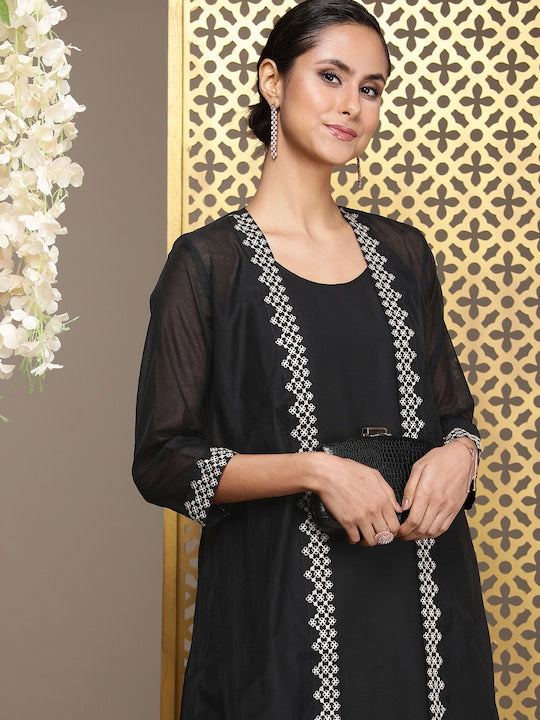 House of Pataudi Solid Sleeveless Regular Jashn Kurta with Palazzos & Jacket