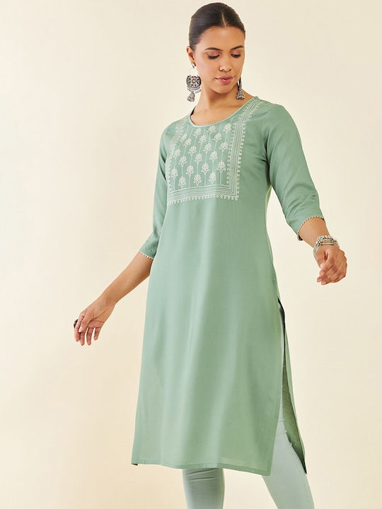Soch Green Embroidered Thread Work Kurta