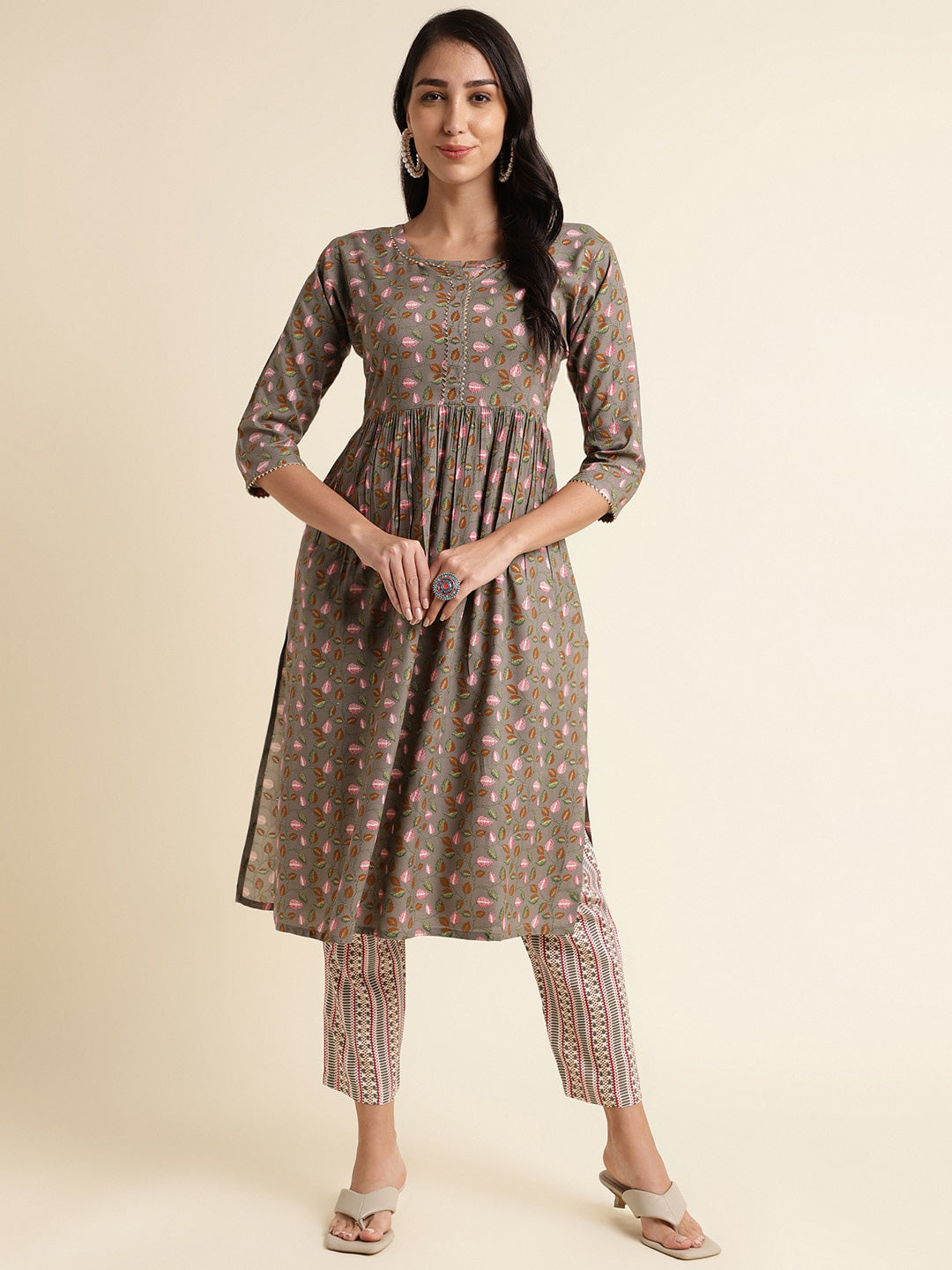 Fabclub Floral Printed Pleated Gotta Patti Kurta with Trousers
