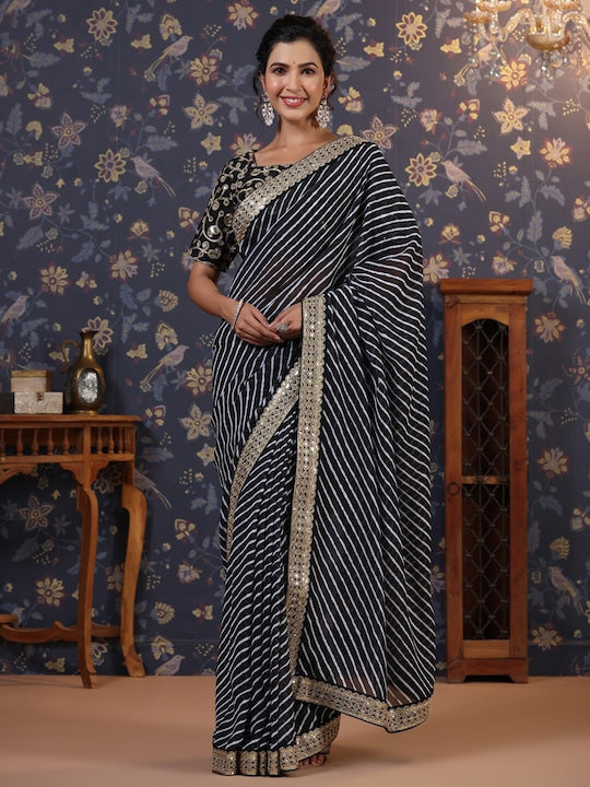 House of Pataudi Leheriya Printed & Embroidered Saree