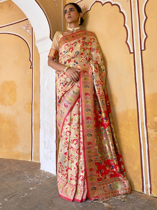 Janasya Beige & Red Woven Design Chanderi Saree