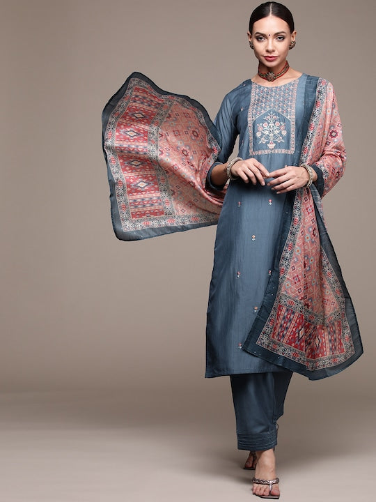 Anubhutee Women Blue Floral Embroidered Kurta with Trousers & With Dupatta