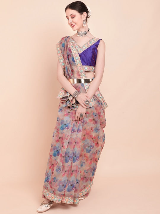 Sangria Pink & Blue Floral Printed Sequinned Organza Saree