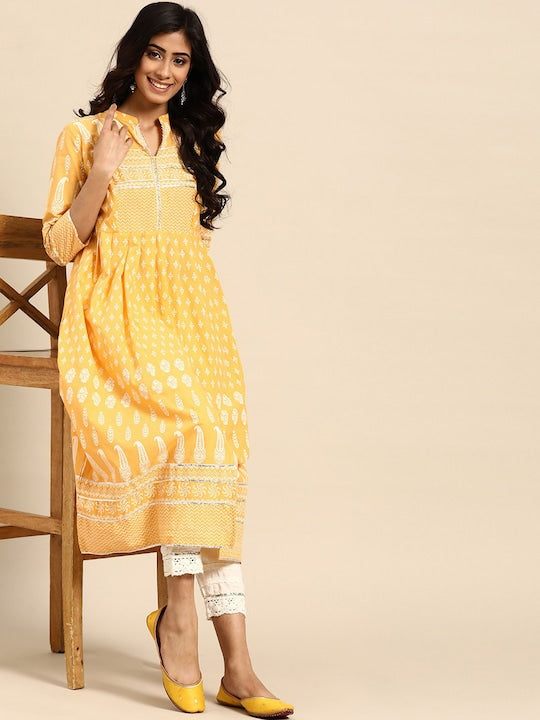 All about you Yellow Ethnic Motifs Printed Gotta Patti Detailed Cotton A-Line Kurta