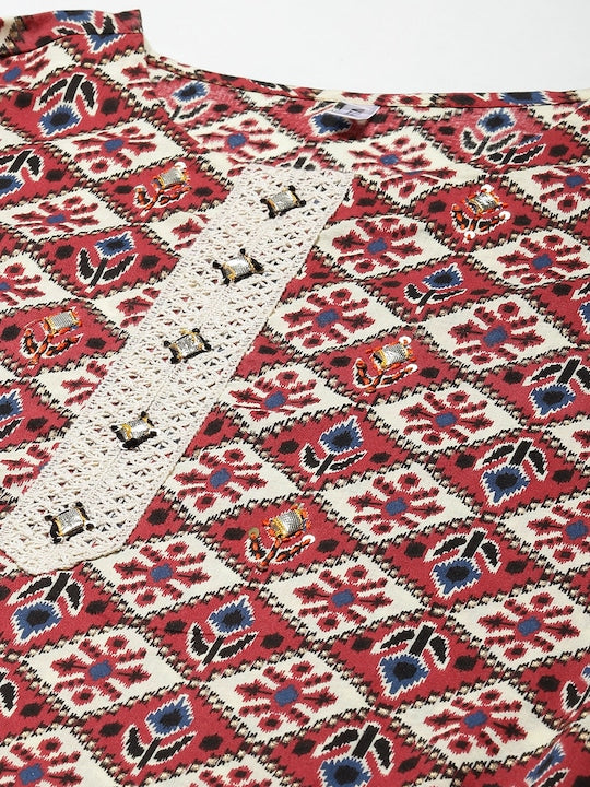 Yufta Women Beige & Maroon Ethnic Motifs Printed Cotton Indie Prints Kurta