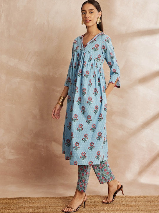 All about you Turquoise Blue Floral Yoke Design Pure Cotton Kurta with Trousers