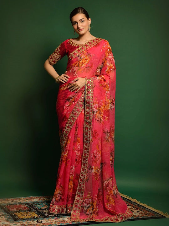 All about you Pink & Orange Floral Sequinned Pure Georgette Saree