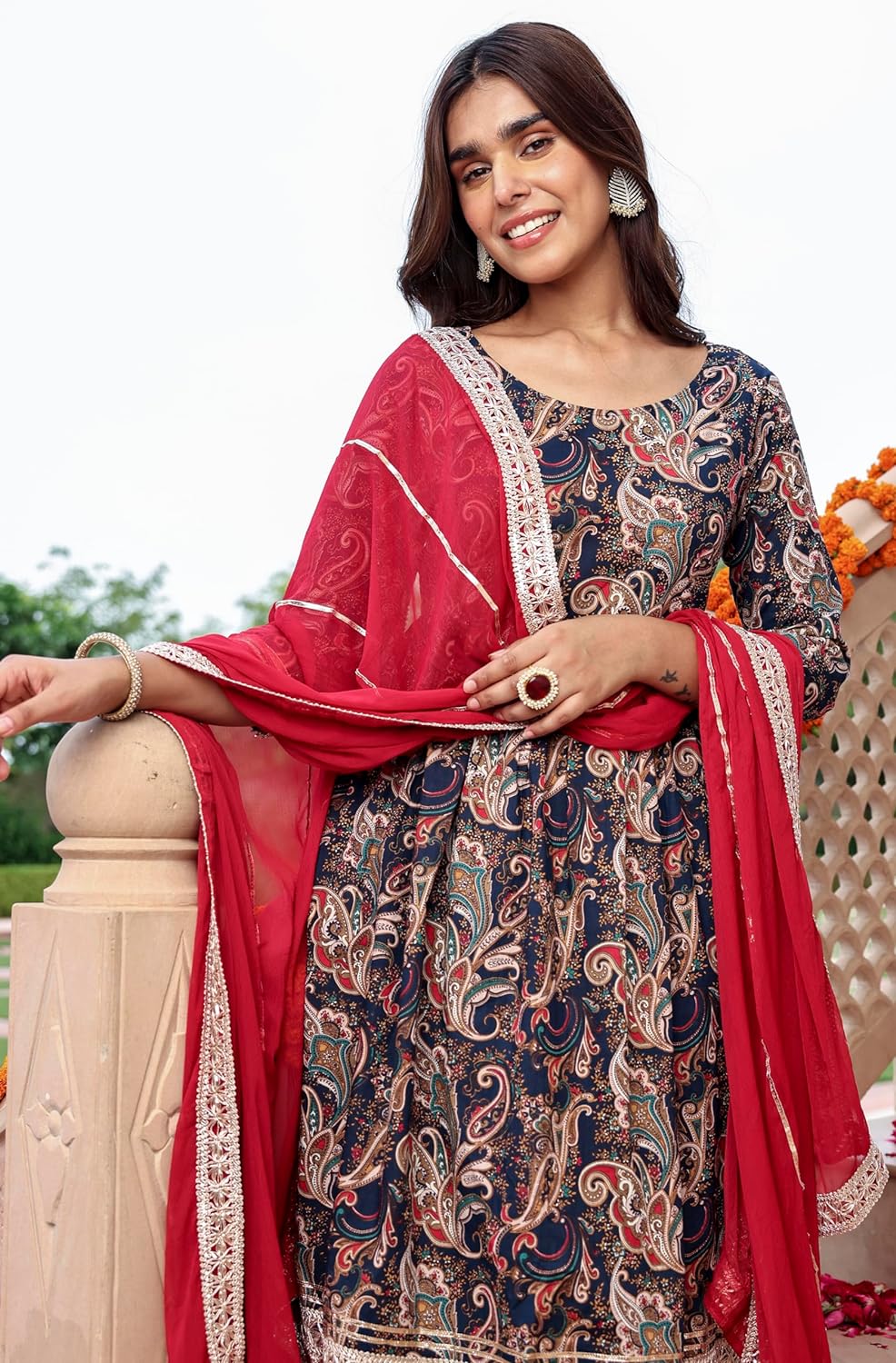 Janasya Women's Navy Blue Cotton Ethnic Printed Kurta with Flared Palazzo and Dupatta