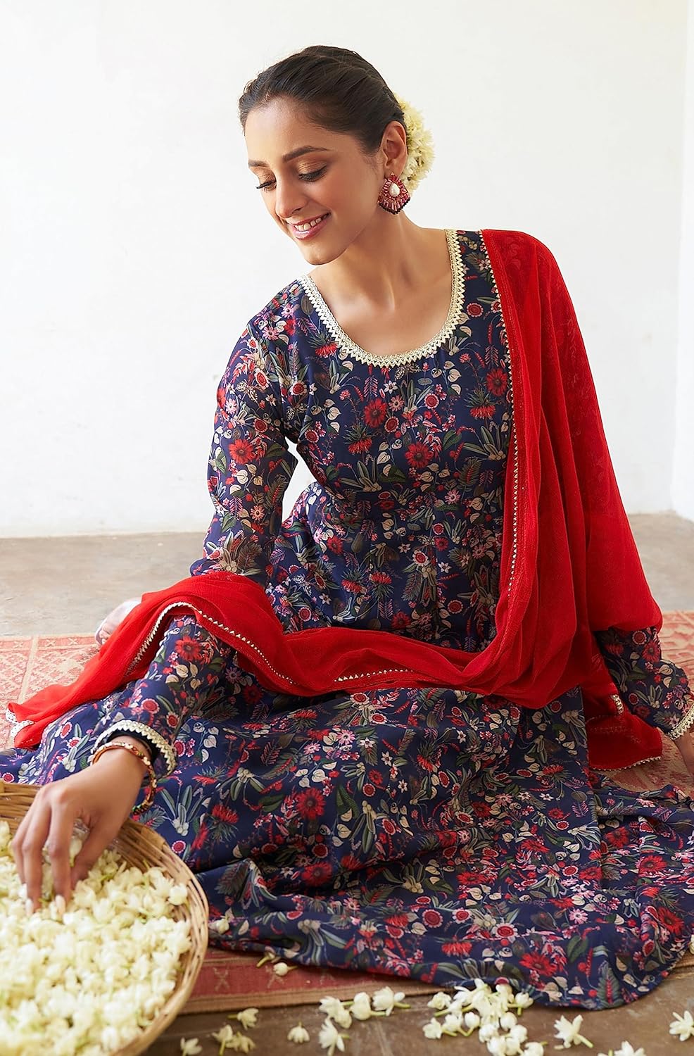 Janasya Women's Dark Blue Georgette Digital Floral Printed Kurta with Palazzo and Dupatta