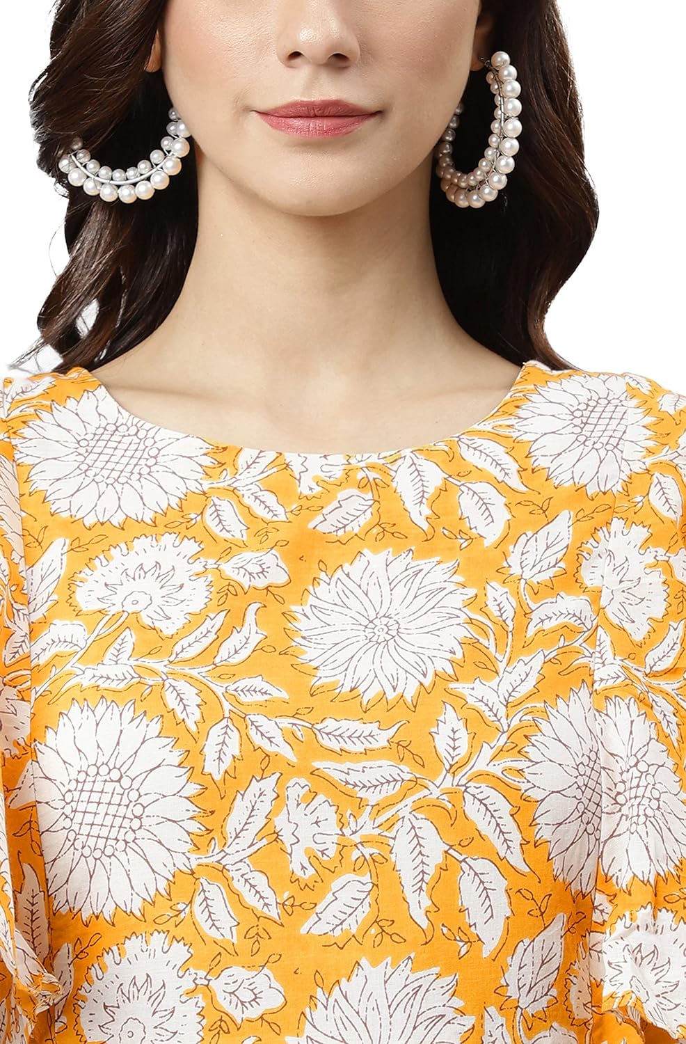 Janasya Women's Yellow Cotton Floral Print Midi Dress