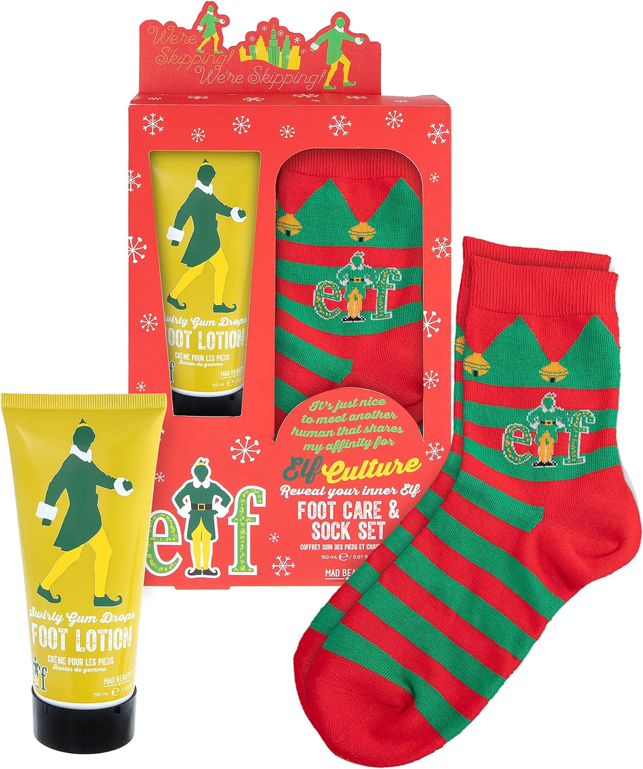 MAD BEAUTY Warner Bros Elf Movie Footcare & Sock Set, Swirly Gum Drop Scented Lotion, Moisturize, Revitalize, Relax, Unwind, Festive Socks, Gift