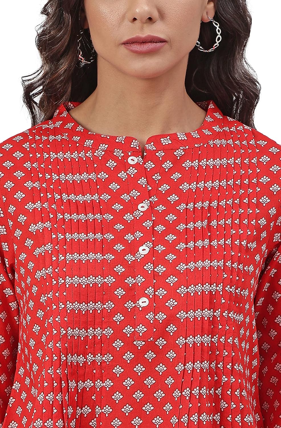 Janasya Women's Red Cotton Floral Print Flared Top