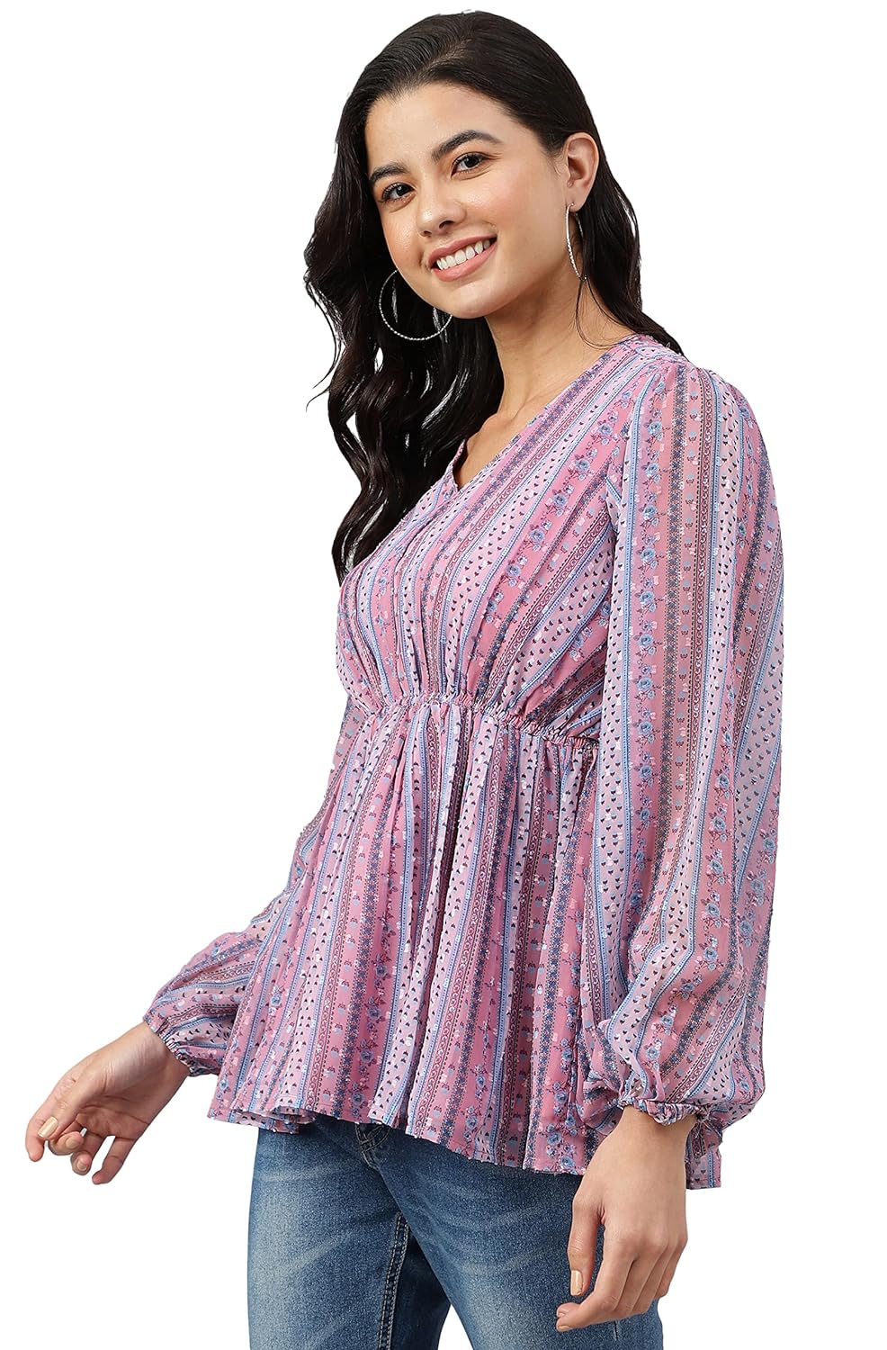 Janasya Women's Pink Dobby Georgette Digital Print Peplum Top