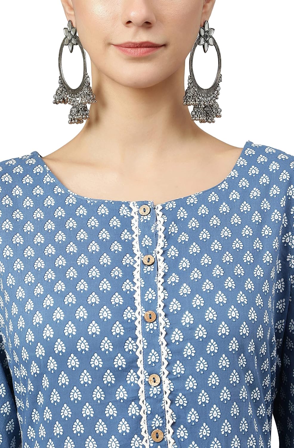 Janasya Women's Blue Cotton Ethnic Motifs Flared Kurta
