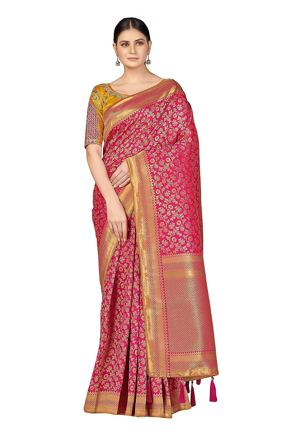 Monjolika Fashion Women's Banarasi Silk Blend Woven Rani Pink Color Tussle Saree With Embroidered Work Blouse Piece