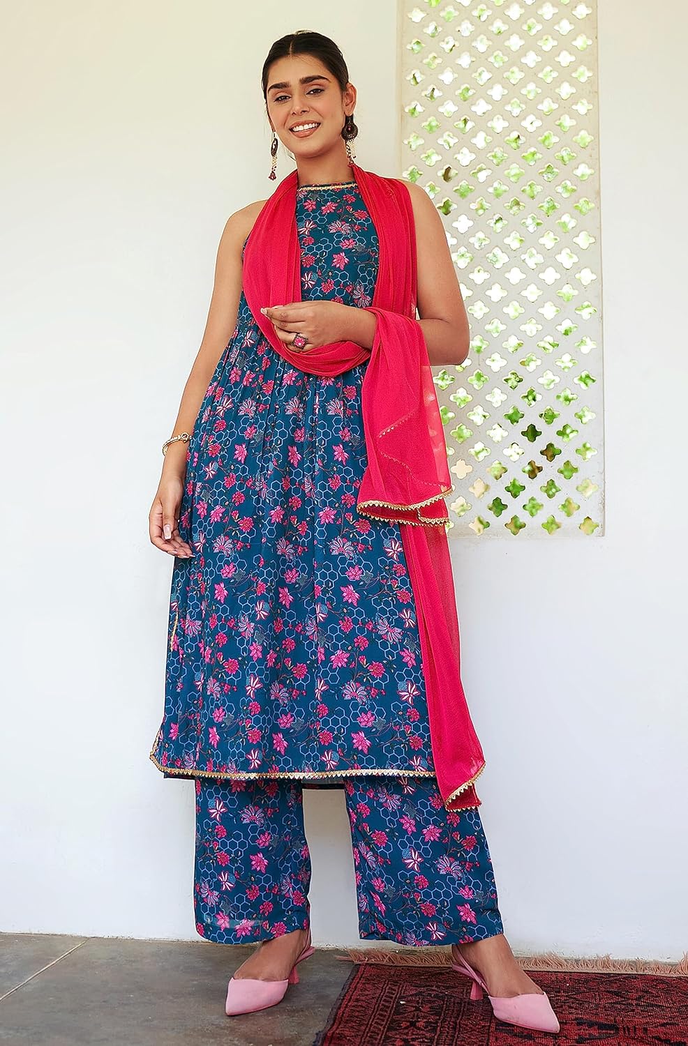 Janasya Women's Georgette Digital Floral Printed Embellished Kurta Set Teal