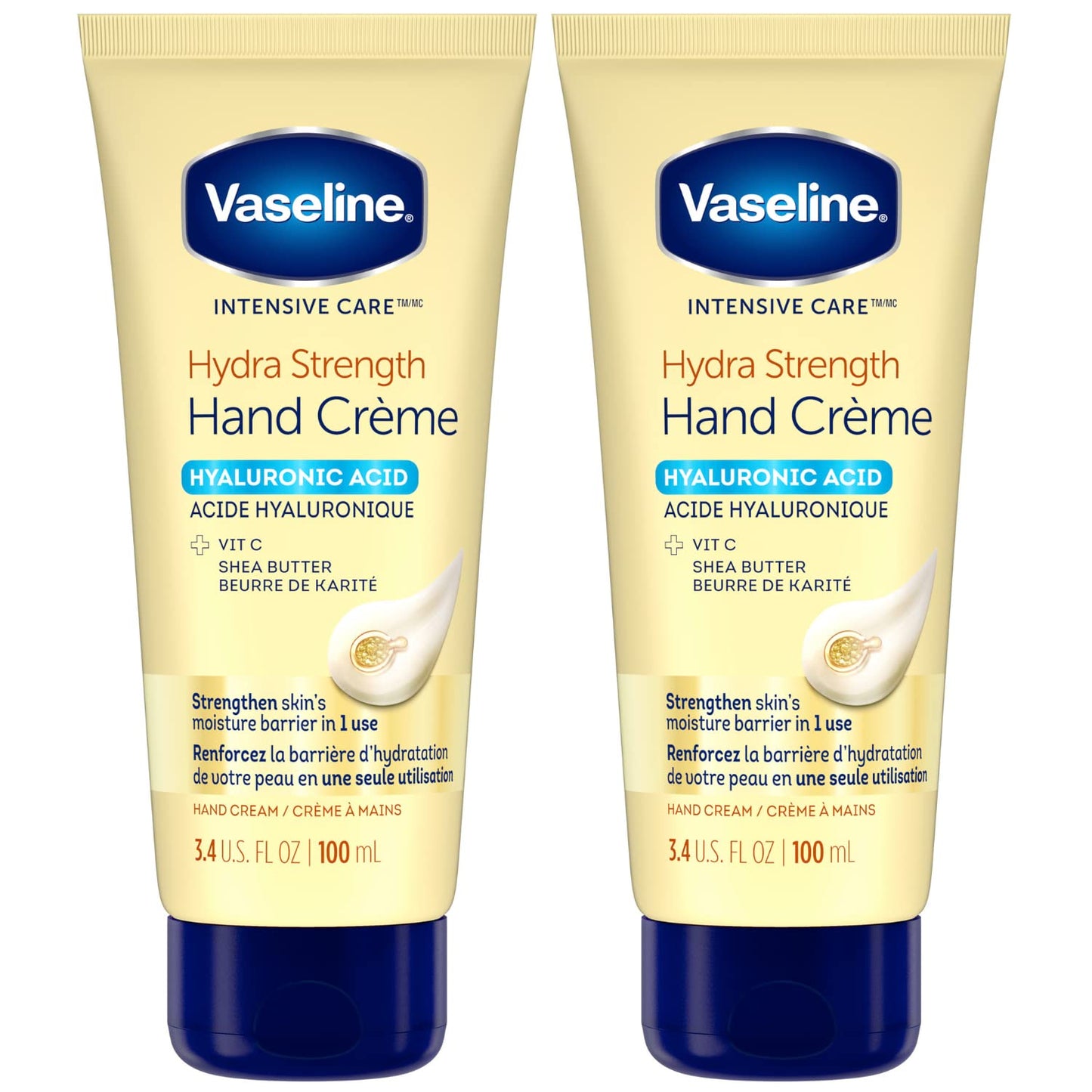 Vaseline Hand Cream for Dry Skin - Hydra Strength Hand Lotion with Hyaluronic Acid, Vitamin C, and Shea Butter, Intensive Care Hand Repair Cream, 3.4 Oz Ea (Pack of 2)