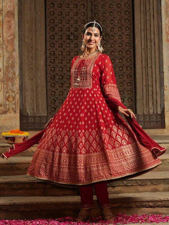 Scakhi Women Red Ethnic Motifs Printed Empire Gotta Patti Kurta with Trousers & With Dupatta