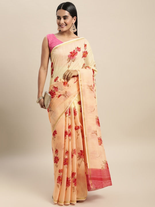 Saree mall Peach-Coloured & Pink Floral Printed Banarasi Sarees