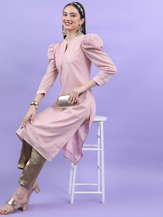 Vishudh Pink Ethnic Motifs Printed Puff Sleeves Kurta