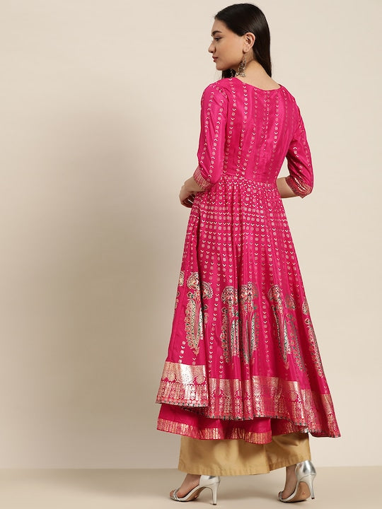 Juniper Women Fuchsia & Gold-Toned Foil Print Anarkali Kurta