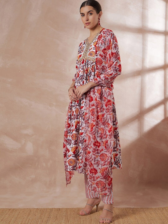 All about you Floral Printed Regular Sequinned Embroidered Kurta With Trousers & Dupatta