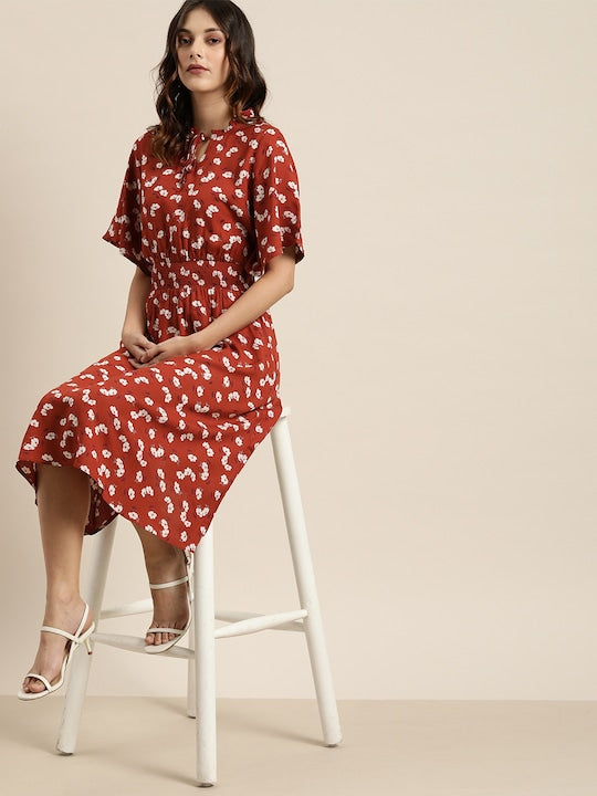 All about you Rust Red & White Floral Printed Smocked Detailing Fit and Flare Dress
