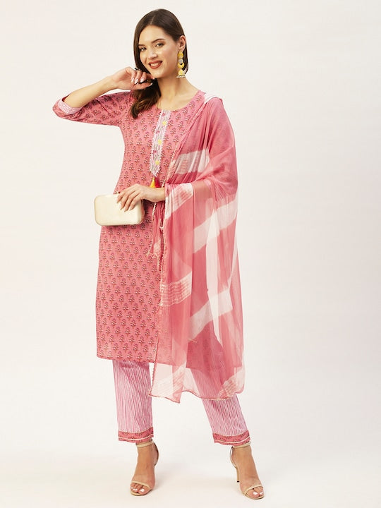 Anubhutee Women Peach Coloured Floral Printed Pure Cotton Kurta with Trousers & With Dupatta