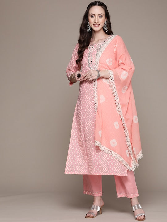 Anubhutee Women Pink Bandhani Embroidered Kurta with Trousers & Dupatta