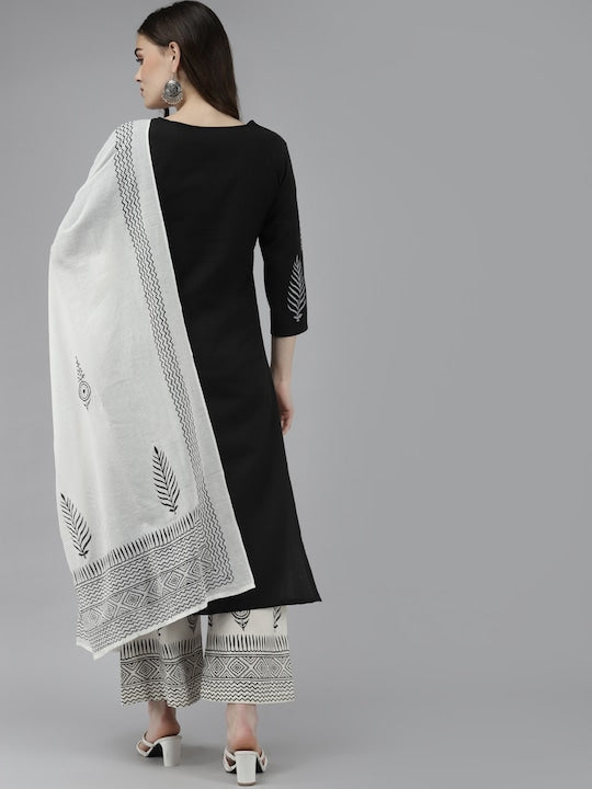 Yufta Women Black Pure Cotton Kurta Thread Work Yoke Design with Palazzos & Dupatta