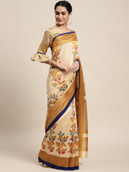 Saree mall Beige & Golden Ethnic Motifs Woven Design Sarees