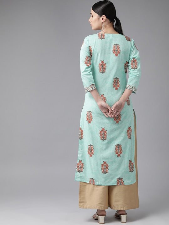 Yufta Women Floral Printed Thread Work Pure Cotton Kurta