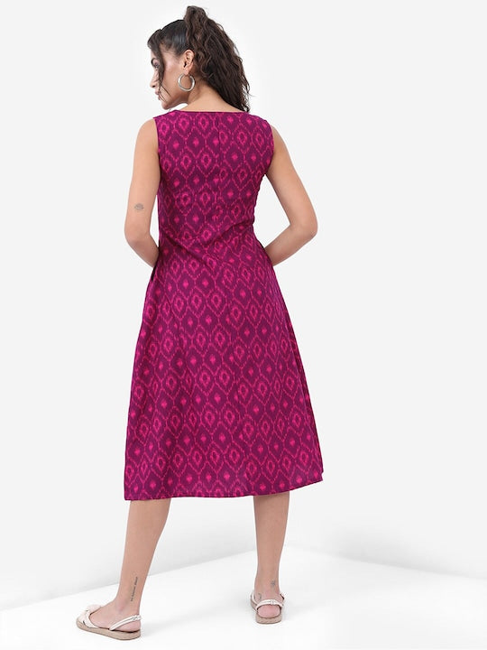 Vishudh Purple Tribal Printed A-Line Midi Dress