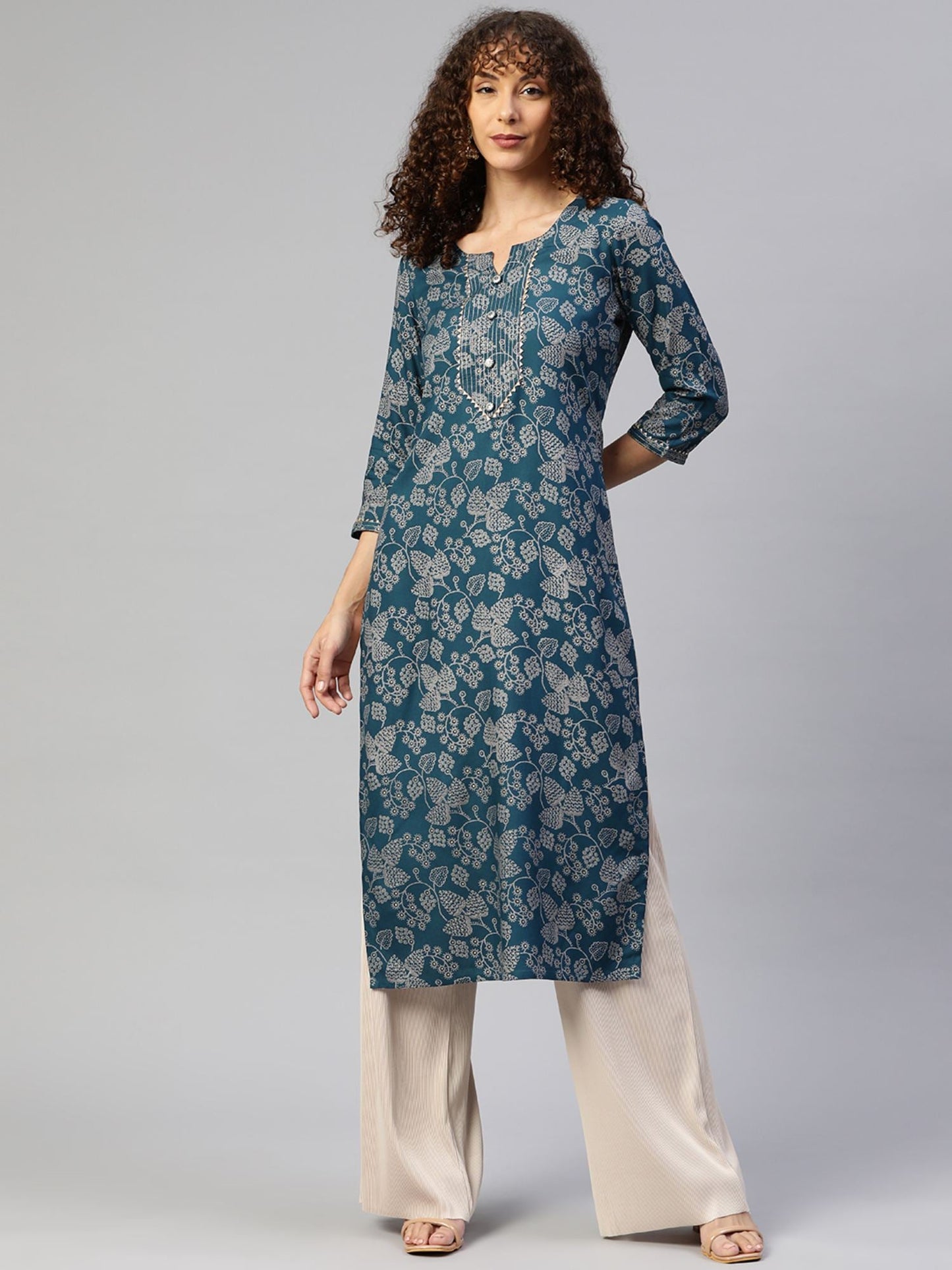 PIROH Womens Rayon Floral Print Straight Kurta Blue