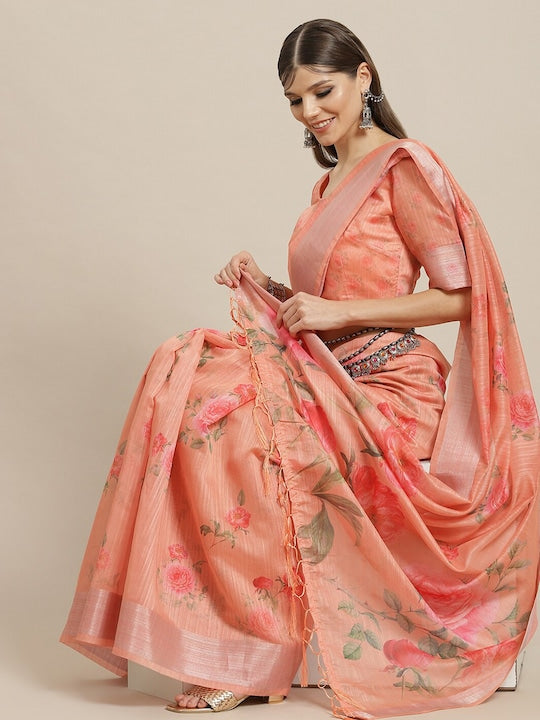 AKS Floral Printed Zari Chanderi Saree