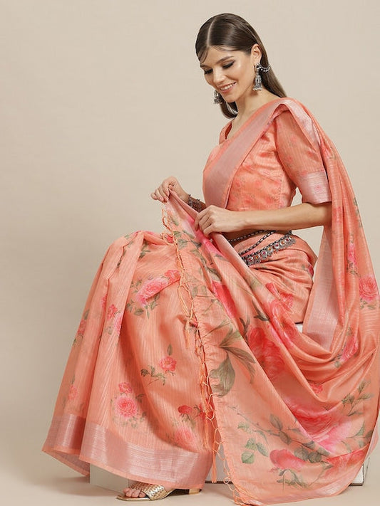 AKS Floral Printed Zari Chanderi Saree