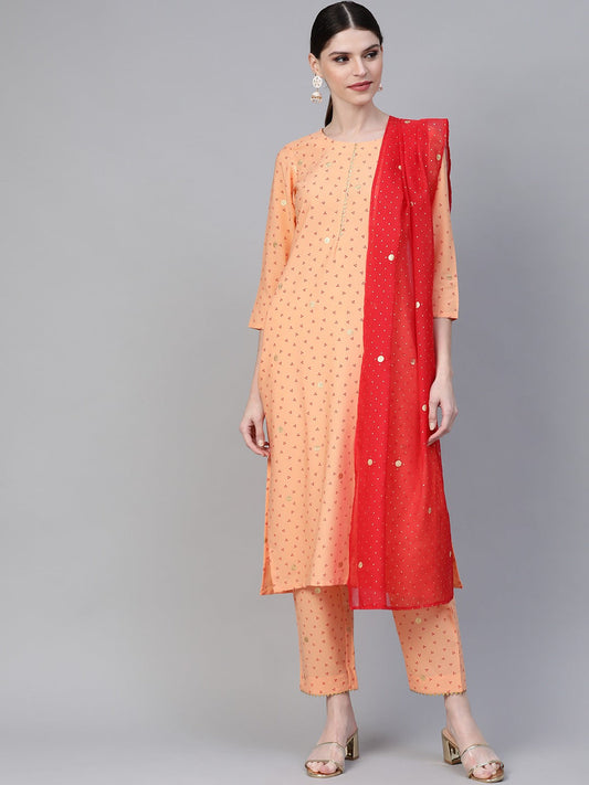 Ahalyaa Women Peach Coloured & Red Screen Bandhani Printed Kurta with Trousers & Dupatta