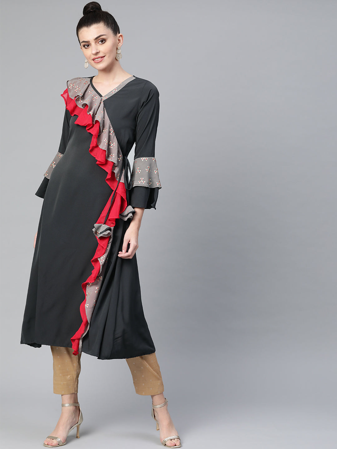 Ahalyaa Women Charcoal Grey Solid Ruffled Angrakha A-Line Kurta