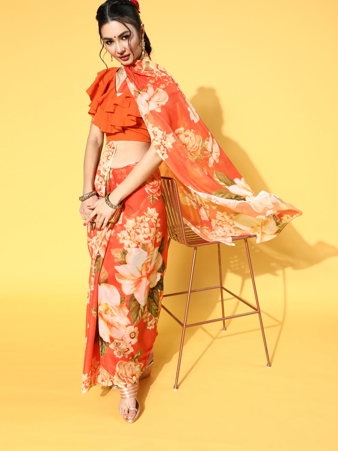 Ahalyaa Women's Orange Colour Chiffon Digital Print Floral Saree