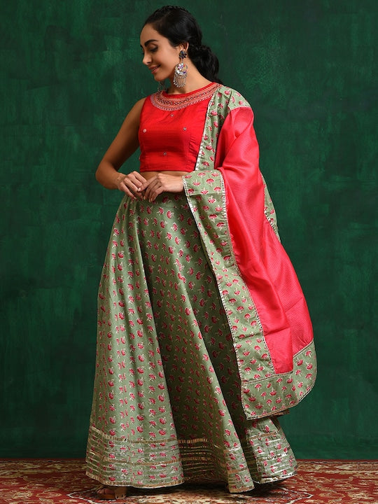 AKS Embroidered Thread Work Ready To Wear Silk Lehenga & Blouse With Dupatta