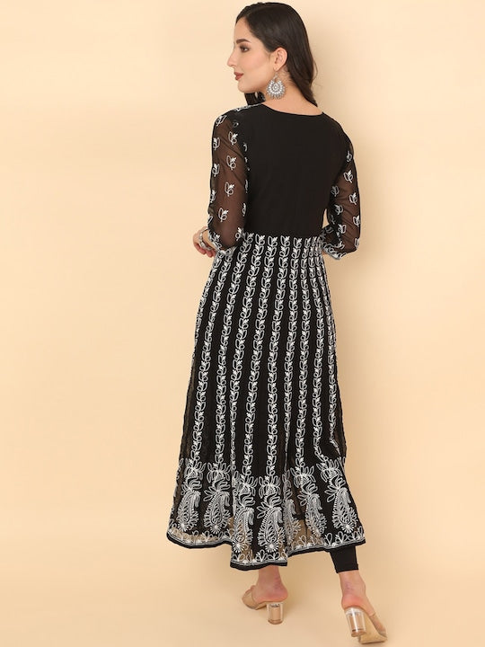 Here&now Women Chikankari Embroidered Thread Work Georgette Anarkali Kurta