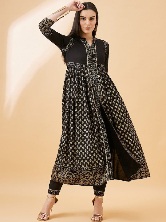 All about you Ethnic Motifs Printed Gotta Patti A-Line Kurta With Trouser