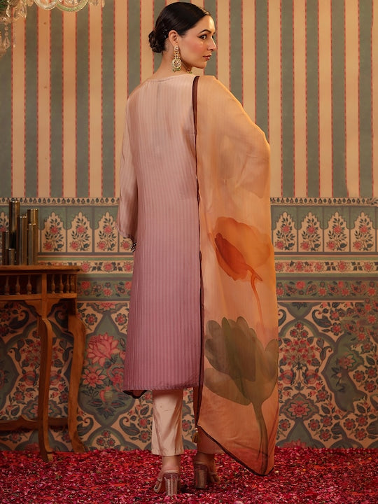 Scakhi Striped Mirror Work Kurta with Trousers & Dupatta