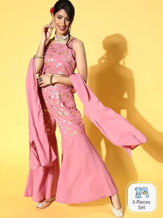 AKS Couture Floral Foil Printed Ethnic Crop Top & Palazzo & Dupatta