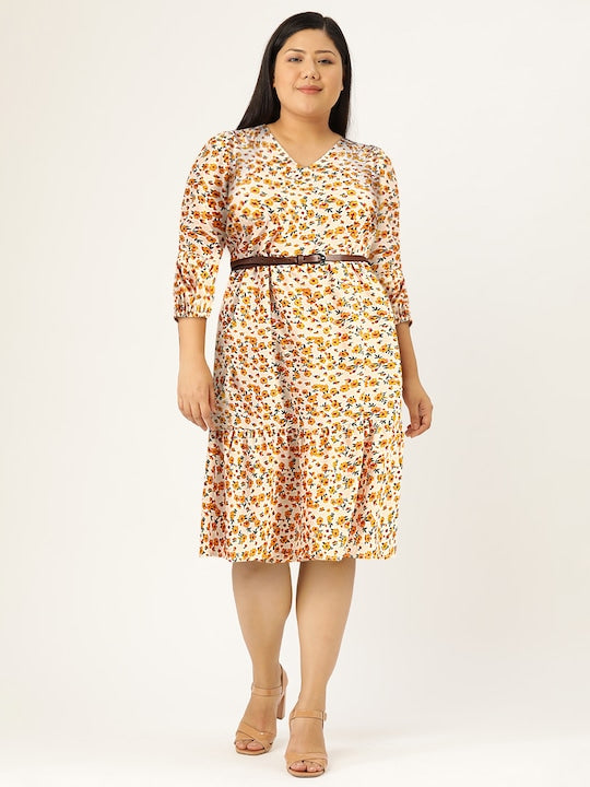 All about you Women White & Mustard Yellow Floral Printed A-Line Dress With A Belt