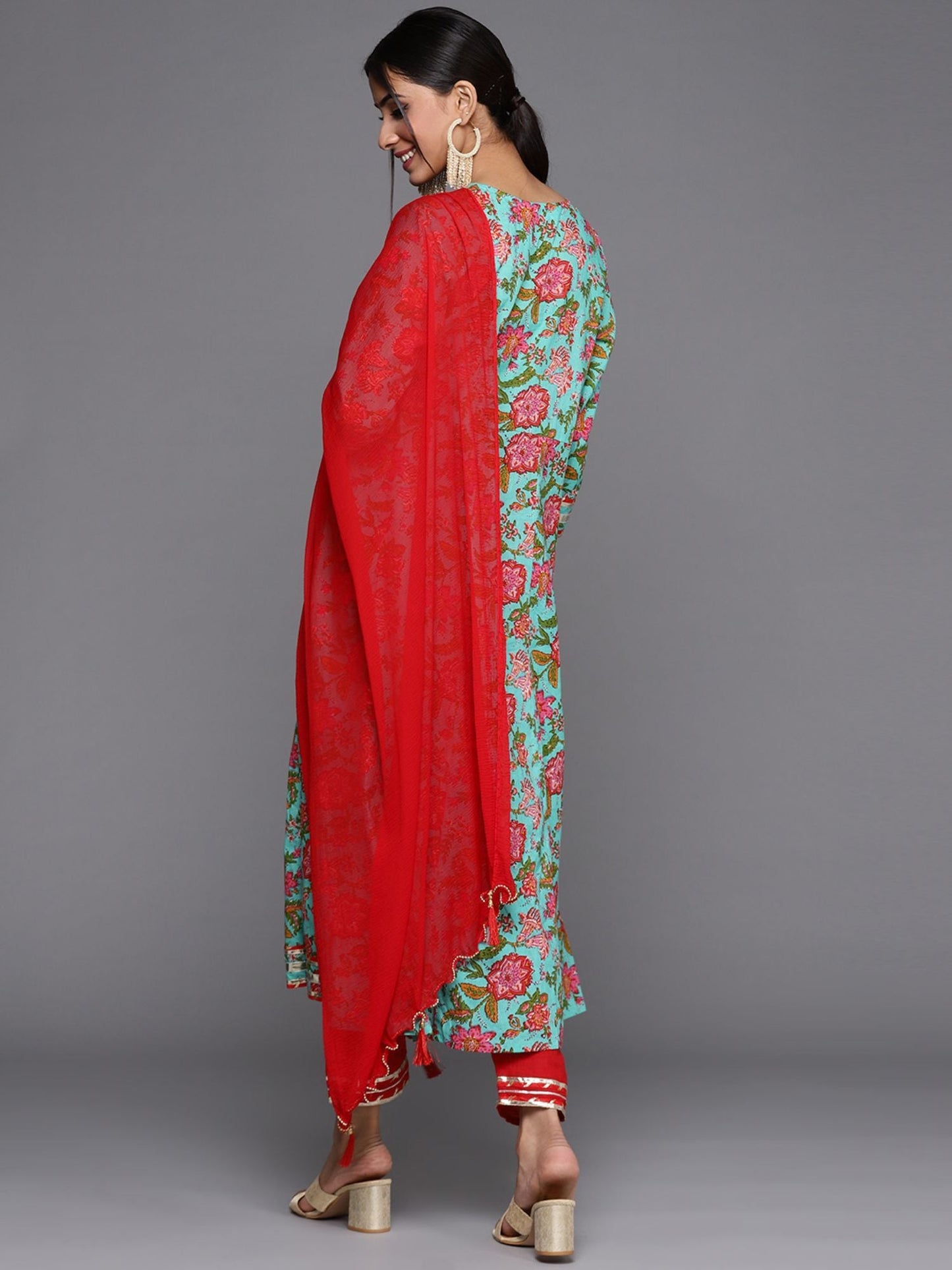 KSUT Women Blue Kalamkari Printed Anarkali Kurta (Set of 3)