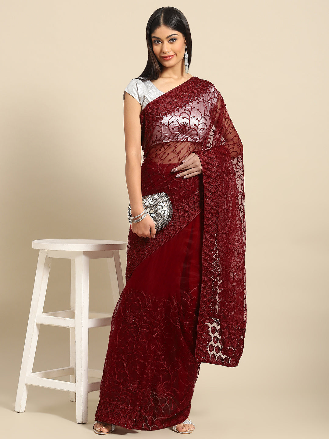 All about you Maroon Floral Embroidered Net Saree
