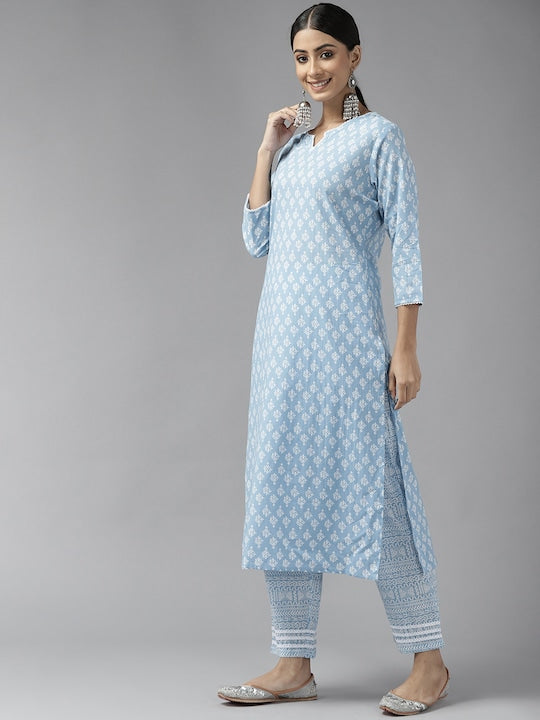 Yufta Women Blue Ethnic Motifs Printed Pure Cotton Kurta with Trousers & Dupatta